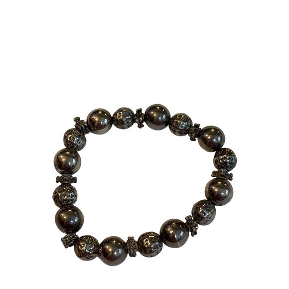 Heavy Silvertone Beaded Stretch Bracelet With Ornate Detailing Vintage - Picture 3 of 3